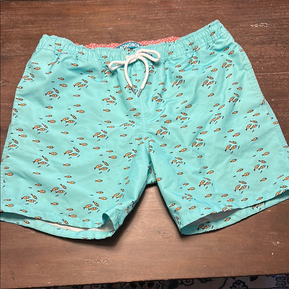 Bonobos Turquoise with Orange Fish Drawstring Swim Trunks